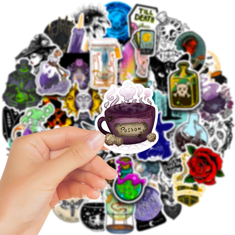 Pack of 50 glossy waterproof PVC stickers in various sizes from 3 to 8 cm for laptops and smooth surfaces.