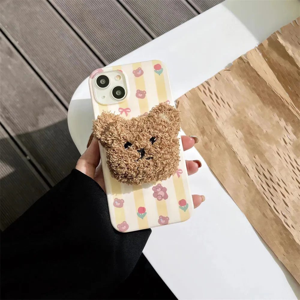 Yellow Striped Bear cartoon TPU phone case for iPhone, soft protective shell with optional stand