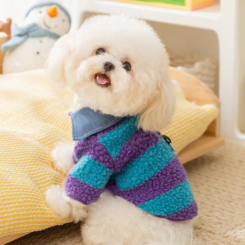 Thick warm winter sweater with leash hole for small dog or cat, striped lamb wool denim, available in black blue and pink