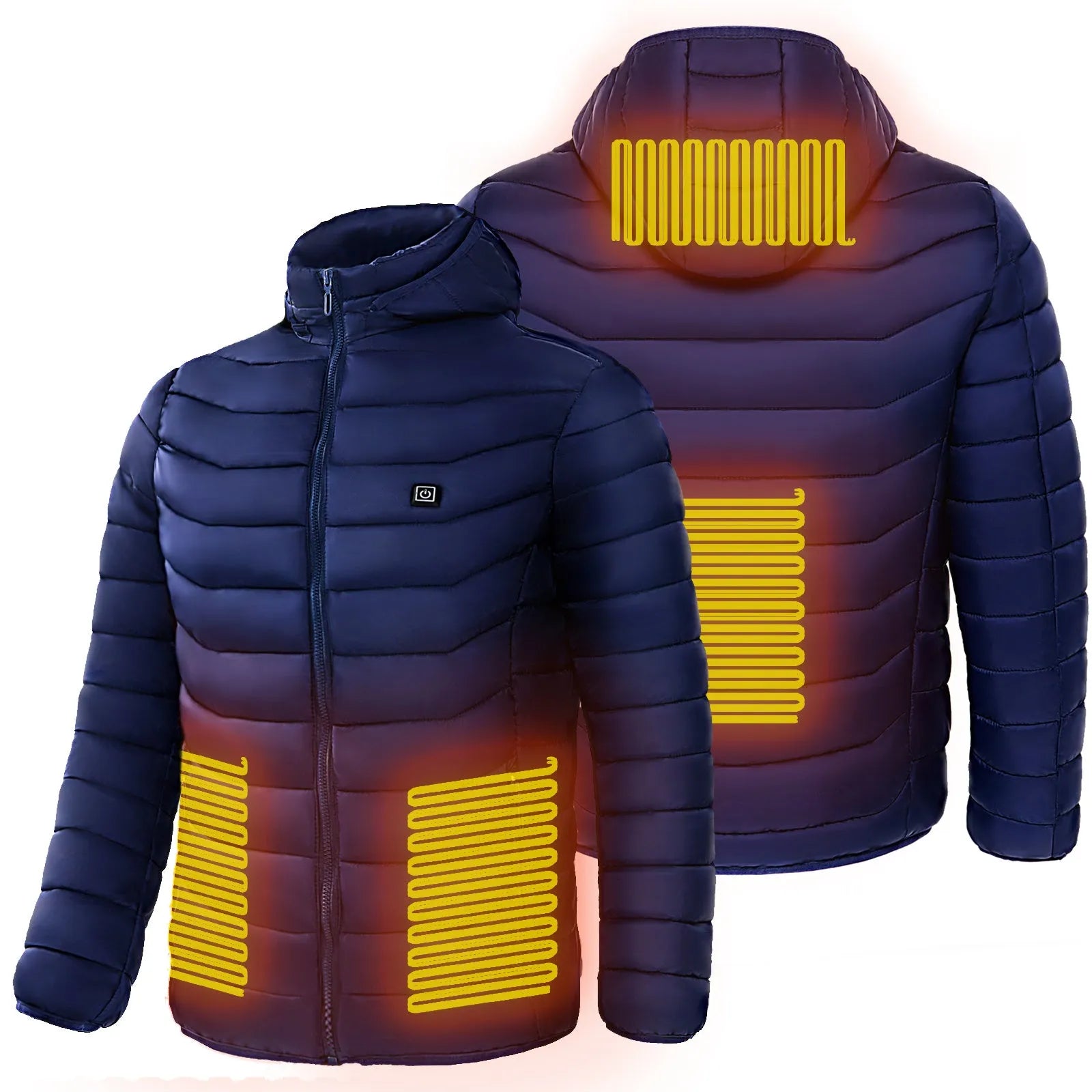 Men's heated puffer jacket in black with hood, electric heating for skiing, side view