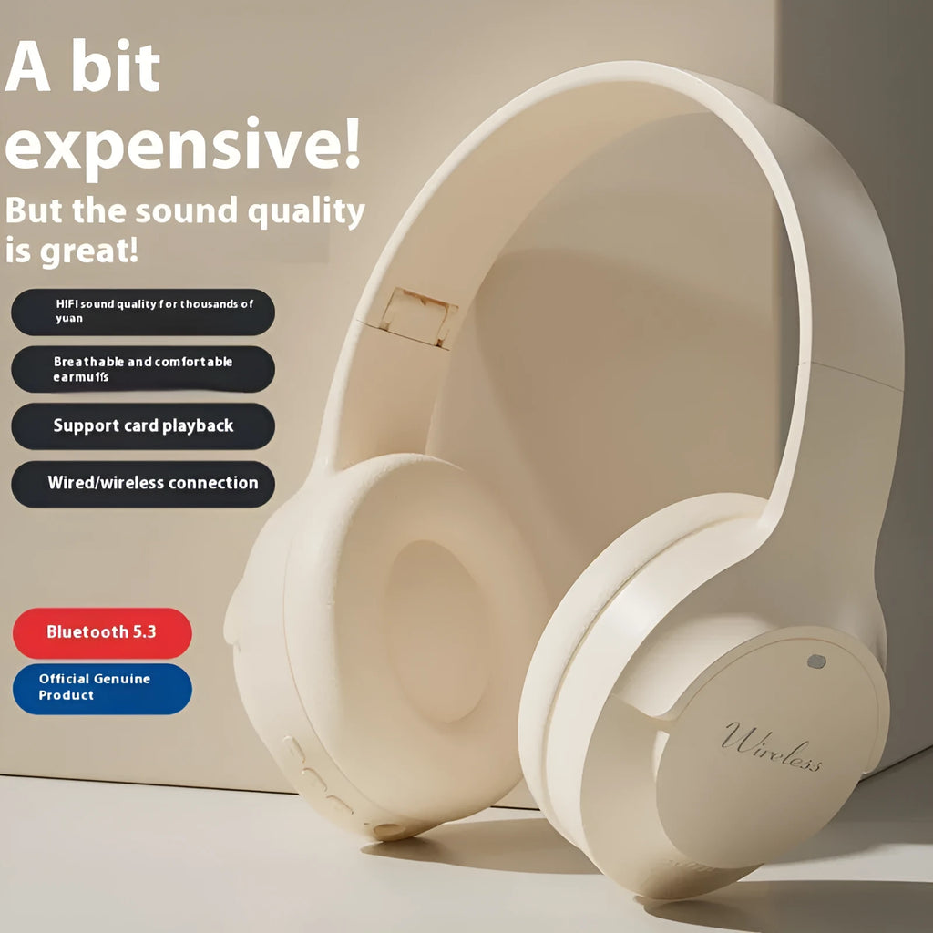 Wireless Bluetooth headset in beige with head-mounted design and ear cups, neutral background