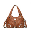 Women's large capacity washed leather handbag in soft PU with horizontal square shape and multi compartment interior