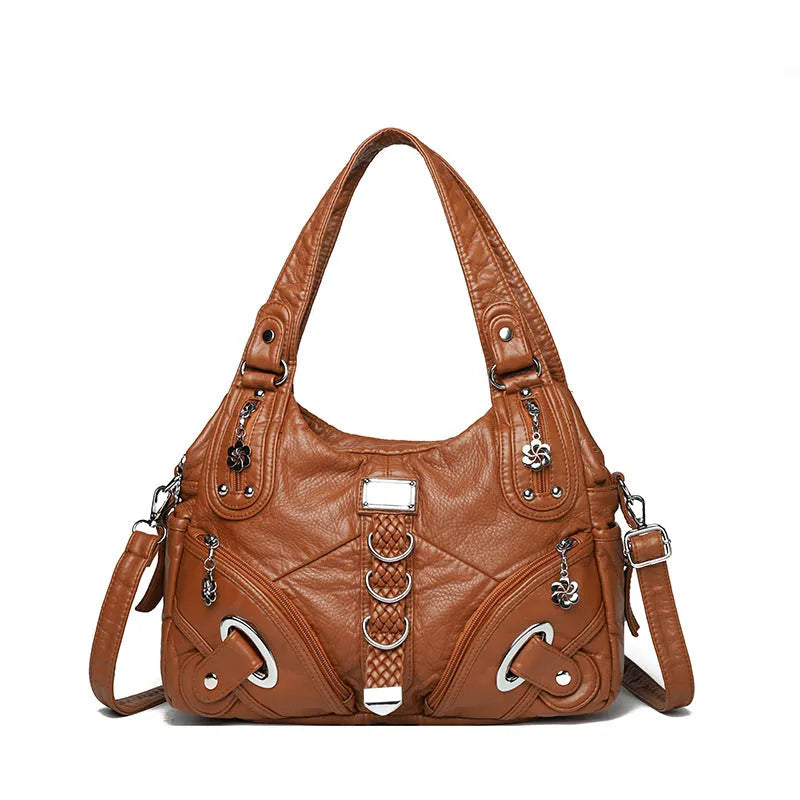 Women's large capacity washed leather handbag in soft PU with horizontal square shape and multi compartment interior