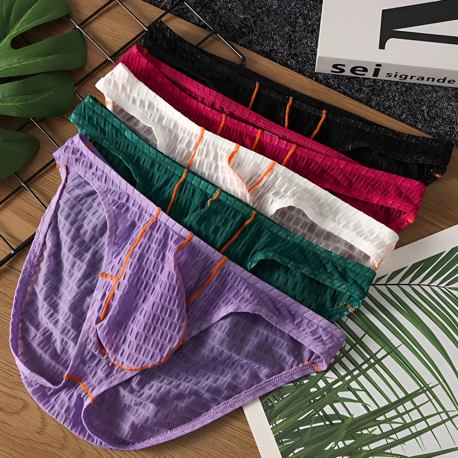 Men's low waist lace briefs in ice silk fabric for sports in multiple solid colours