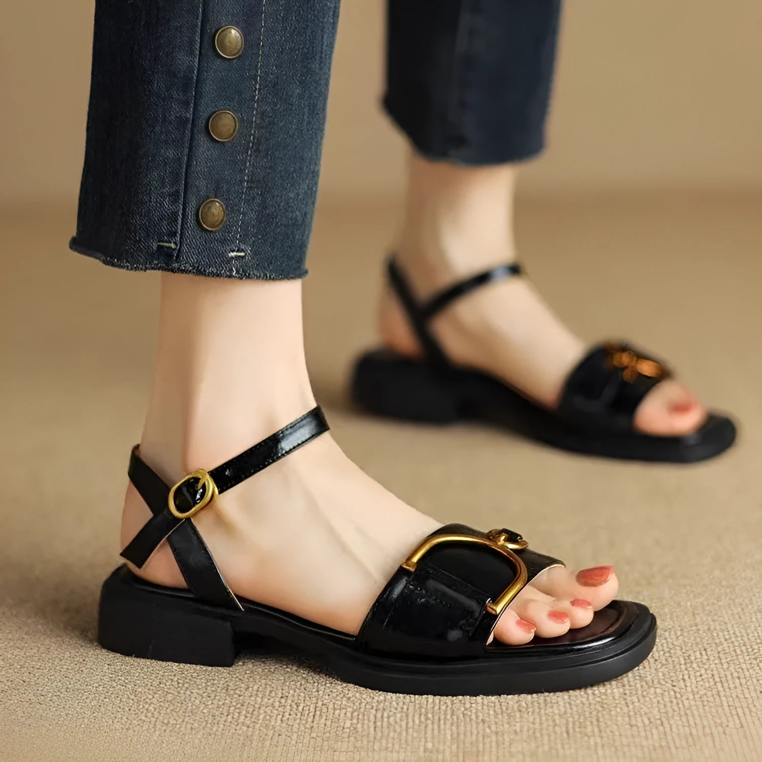 Women's casual sandals with thick rubber soles and button fastening in beige colour