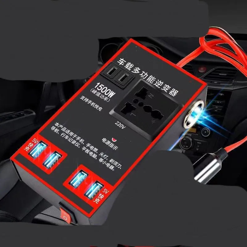 Black automotive power converter converting 12V/24V vehicle power to 220V AC with USB charging ports