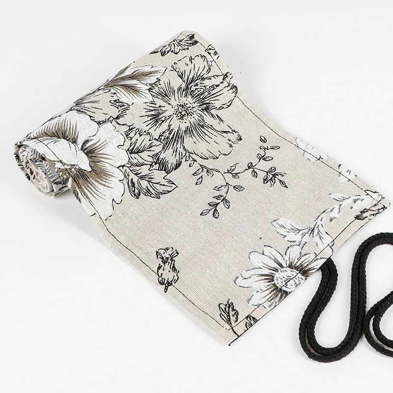 Japanese printed canvas rolling pencil case with Black Peony pattern, square shape, cotton and linen fabric, multiple hole sizes for pens