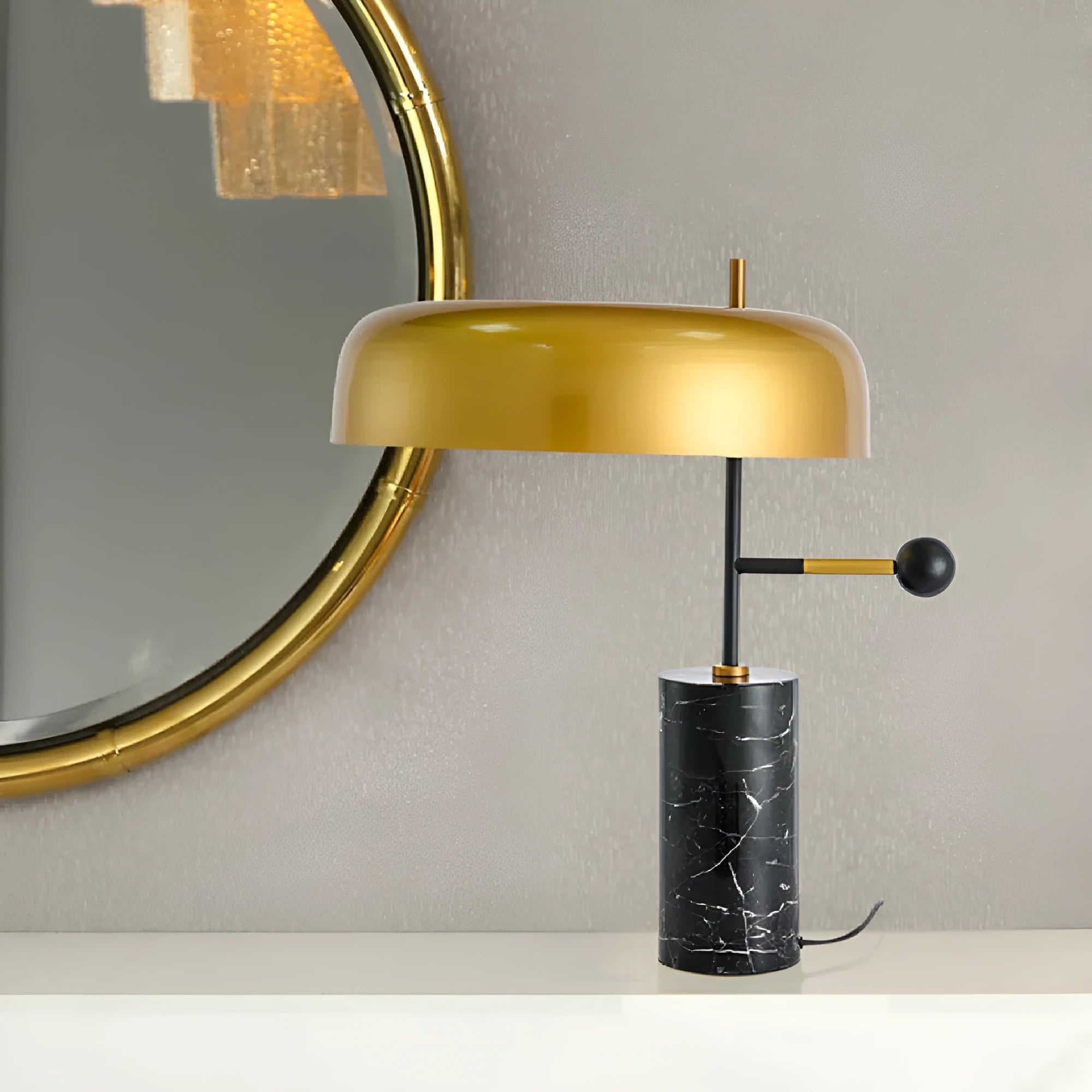 European-style bedside table lamp with warm white lighting on wooden surface