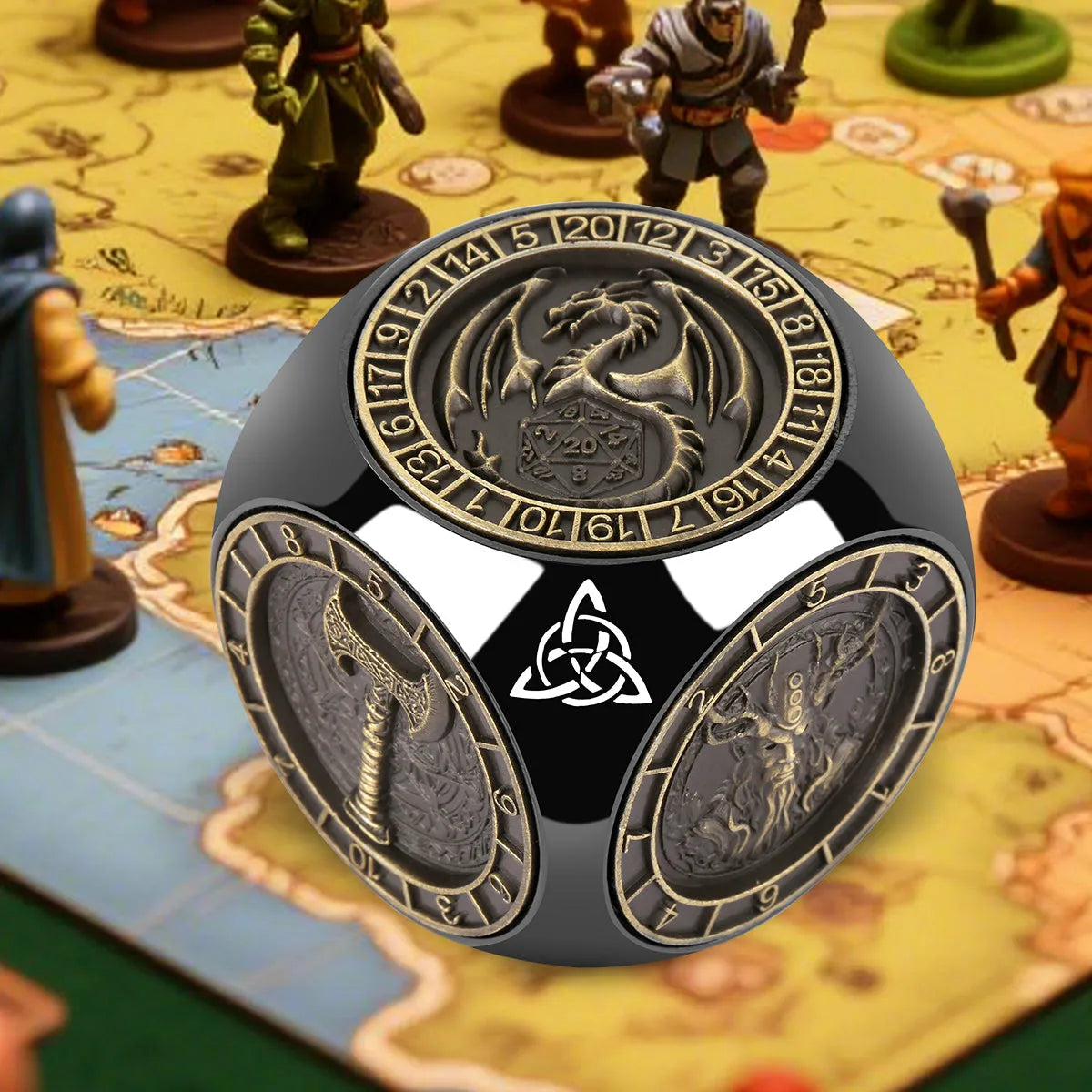 6-pack retro metal dice wheel gift box set with bronze, dark silver, and black finishes on a tabletop