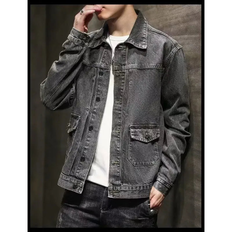 Smoky gray denim short jacket with black and gray colour option, straight hem, and side pockets in Korean style