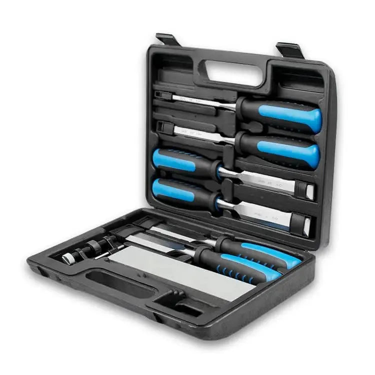 8-piece wood chisel set with blue finish including sharpening stone