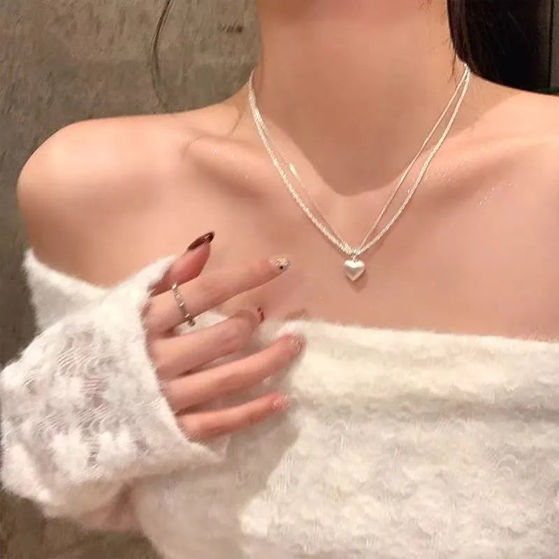 Double layer brushed heart pendant necklace in white copper plated thick silver with adjustable 41-50cm chain