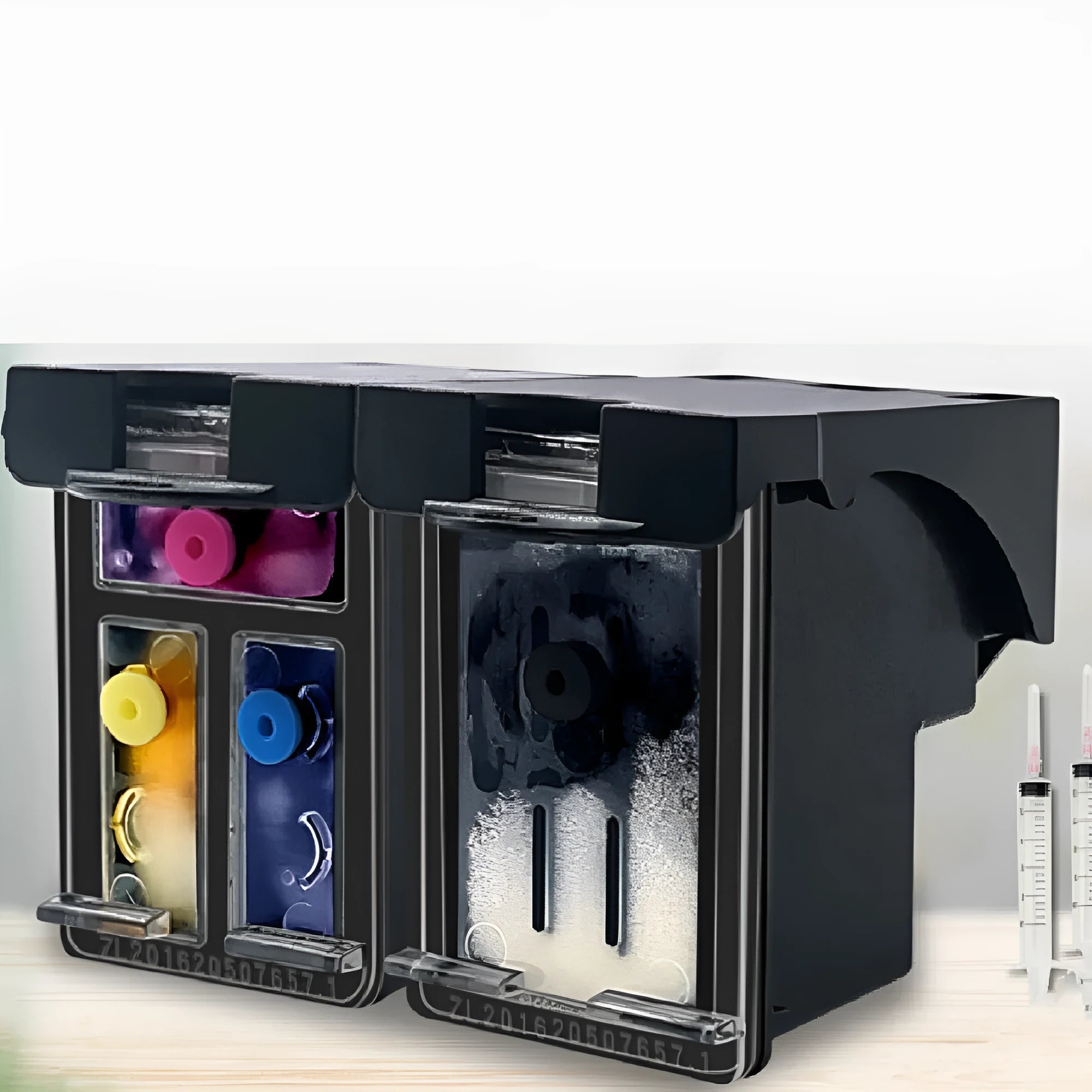 HP 304XL black and colour ink cartridge with two bottles of refill ink on a white background