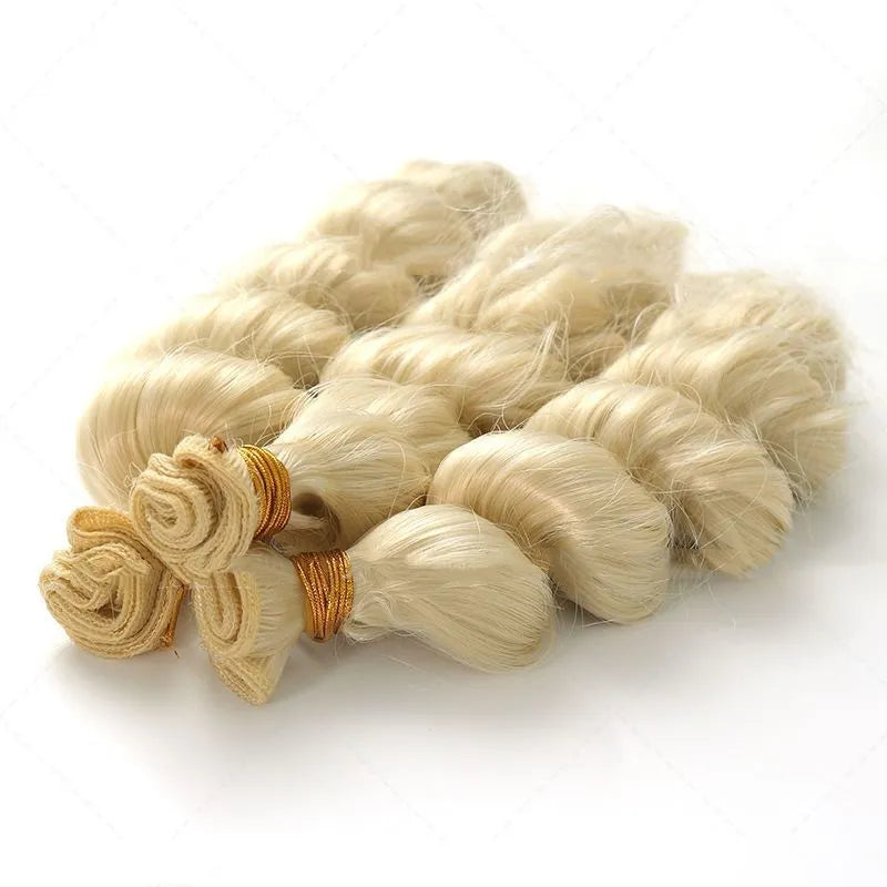 Golden women's wig with wefted chemical fibre construction shown in three length options