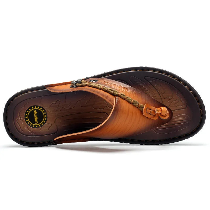 Men's herringbone pattern outdoor slippers in dark blue with rubber sole and leather lining