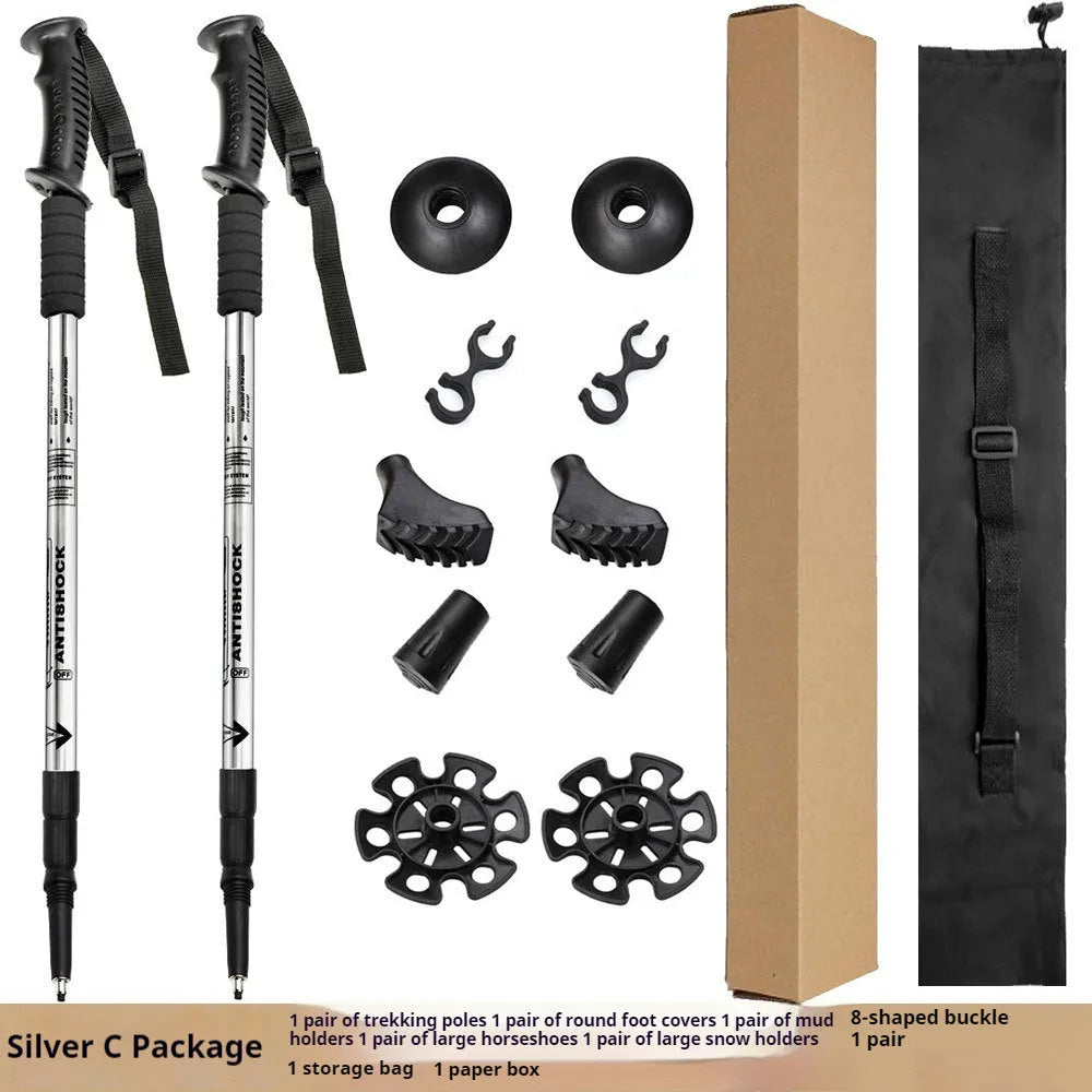 Aluminium alloy adjustable trekking pole extended to full length with mud support accessory attached