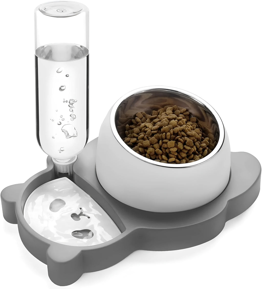 Grey panda-shaped automatic water dispenser and tilted stainless steel feeding bowl set for cats and small dogs