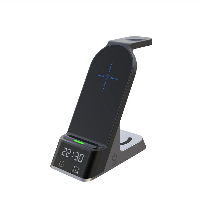 Black multifunctional alarm clock with integrated wireless charging pad and USB ports