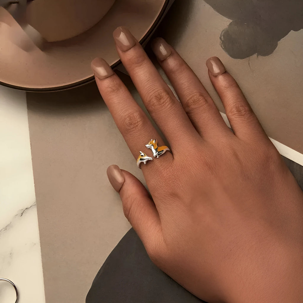 Sterling silver women's ring with a cute cartoon corgi dog design in colour SCR1014-E.