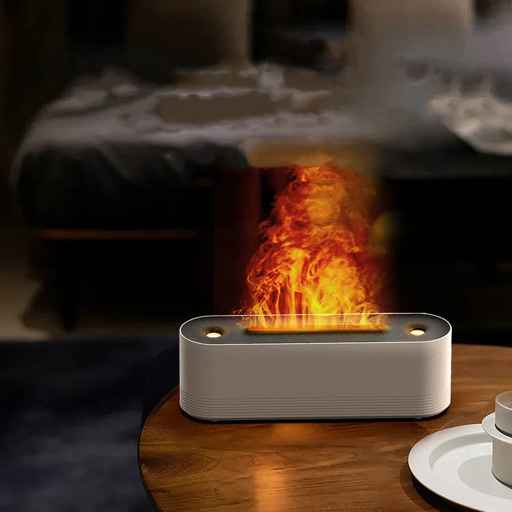 Black or white ultrasonic humidifier and aroma diffuser with LED lights creating flame mist effect.