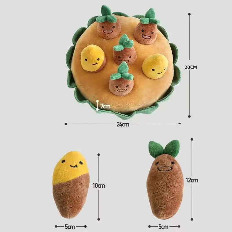Yellow interactive dog puzzle pad with removable squeaky plush toys as a slow feeder and foraging game.