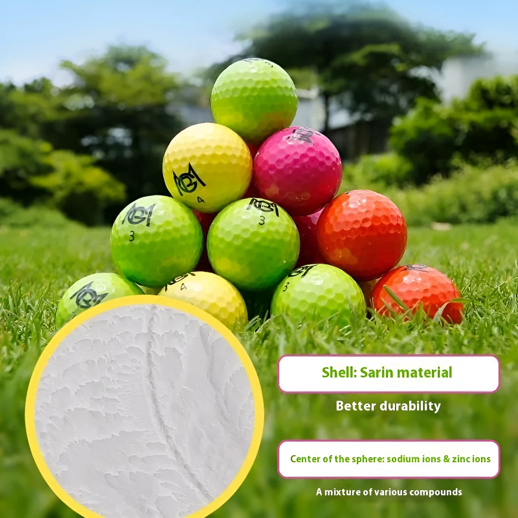 Golf colour practice ball two-layer synthetic rubber 42.6mm 12-pack orange yellow green rose