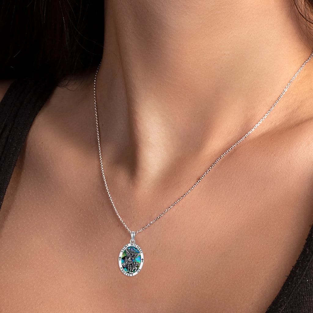 Sterling silver Saint Michael coin medal pendant with abalone stone on chain – 18x32mm