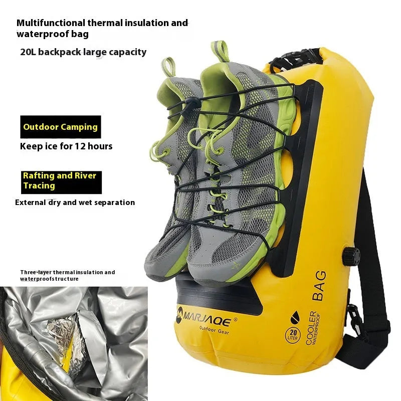 Yellow and black 20-litre waterproof PVC backpack for camping with dry-wet separation compartment.