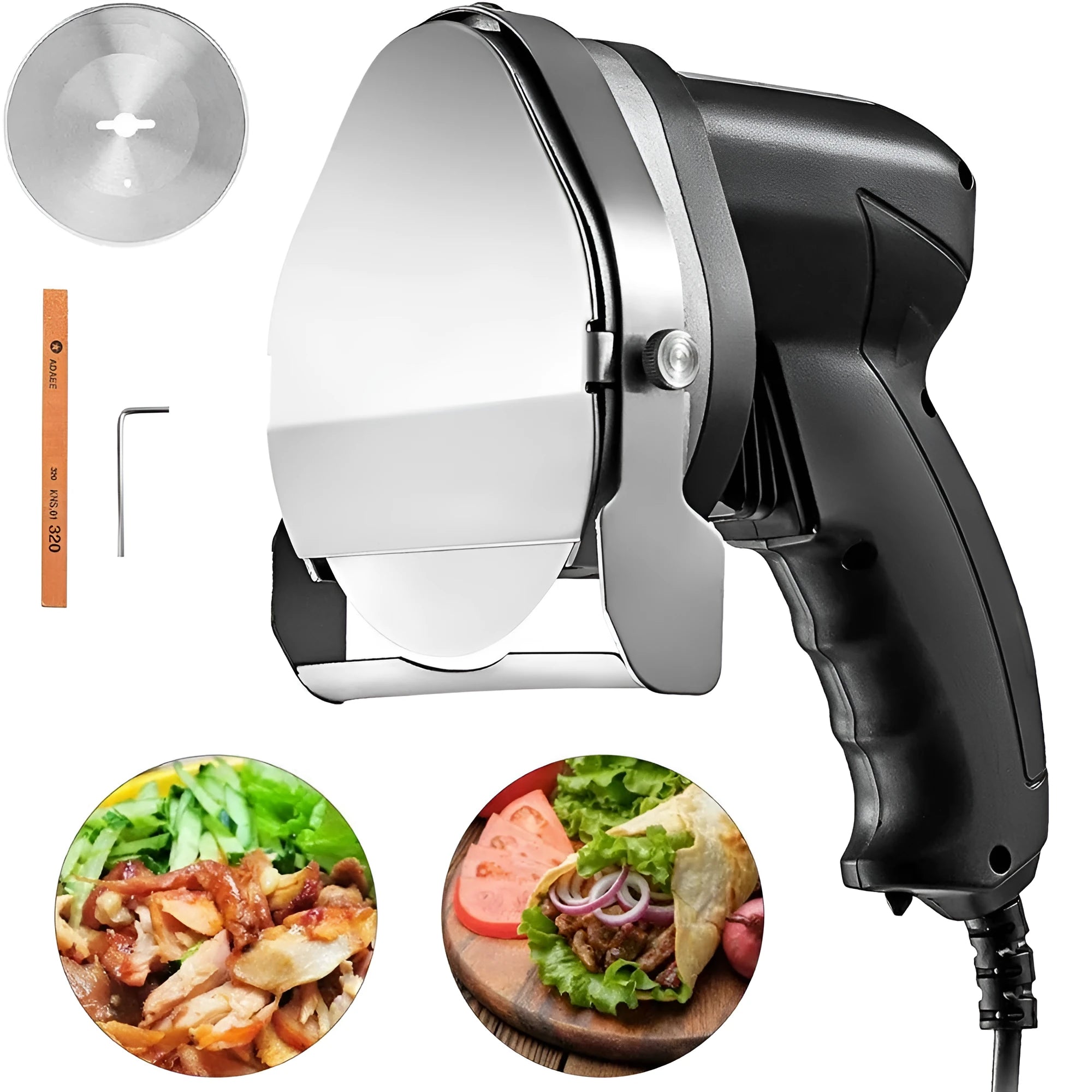 Black KS-100E electric meat cleaver attachment for barbecue machines, showing metal blade and housing.