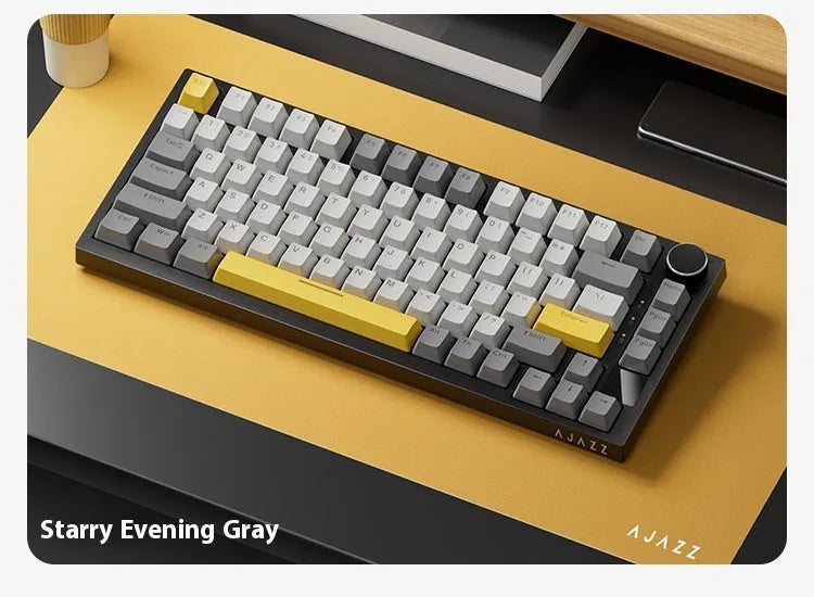 Wireless Bluetooth three-mode mechanical keyboard with hot swap side engraving, black PBT keycaps on desk