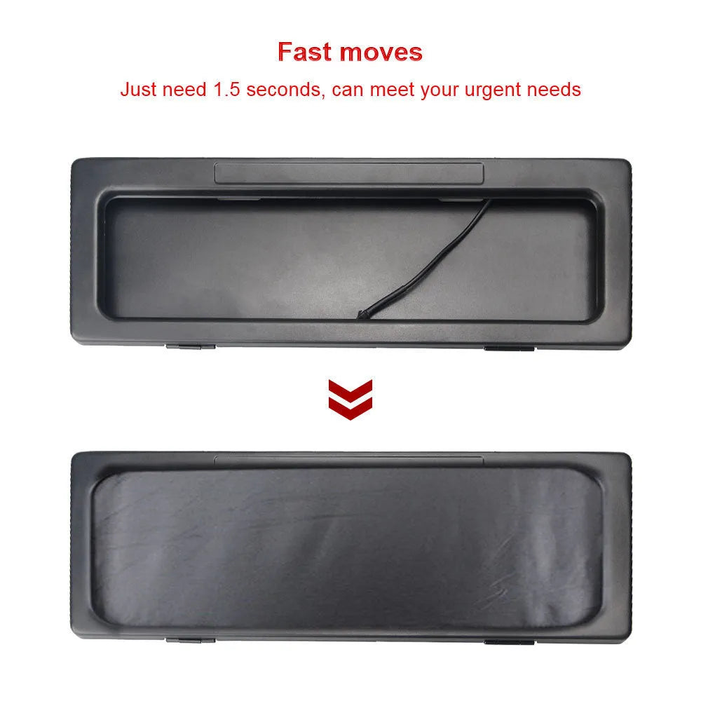 Set of two black iron license plate frames for Australian standard electric vehicle plates, pack dimensions 42.5x16x6cm