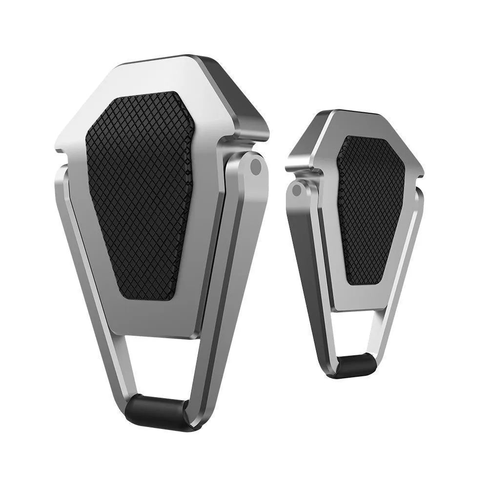Aluminium alloy folding laptop bracket showing compact 4.8cm height with adhesive backing