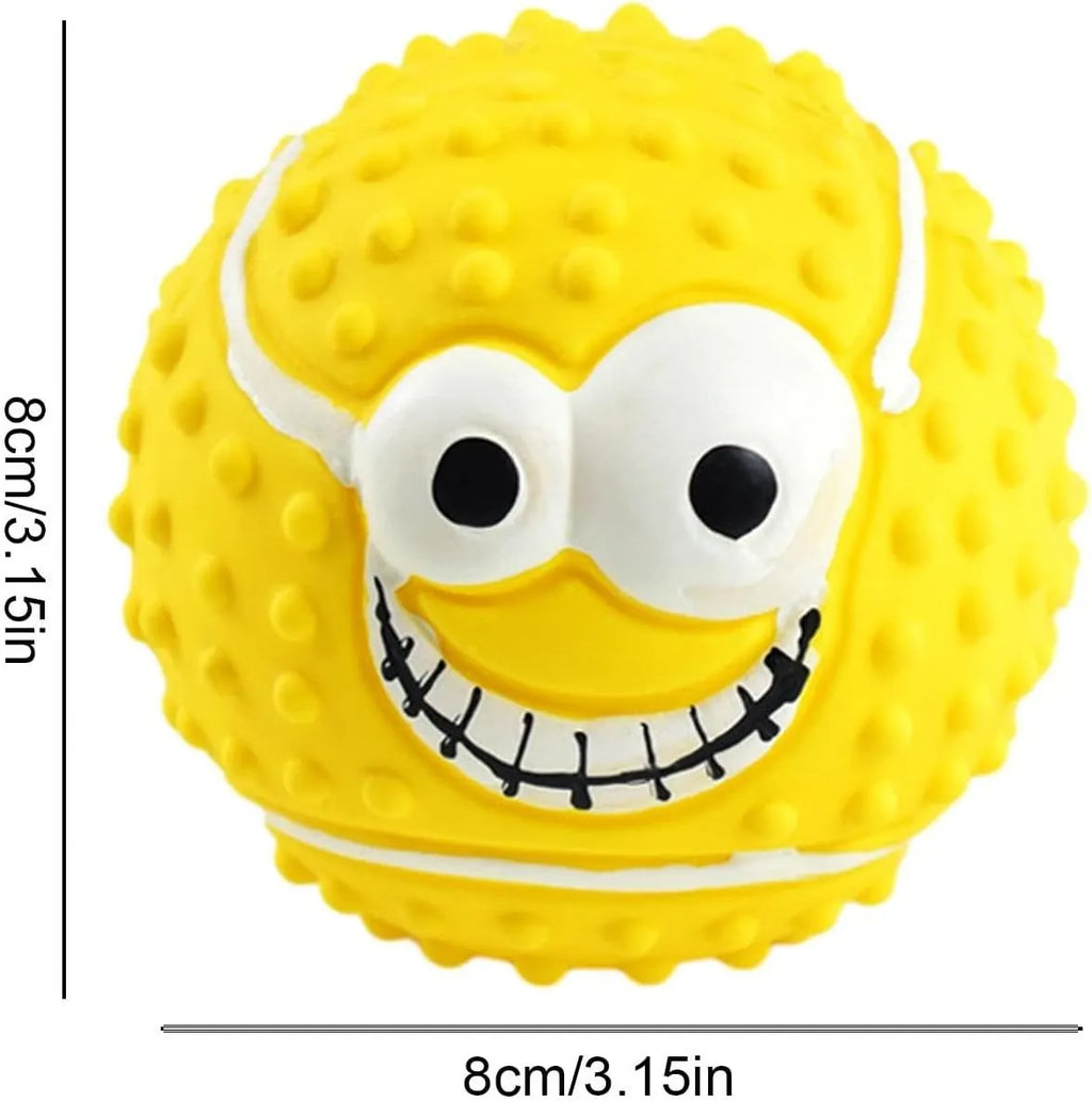 Green, orange, and yellow latex dog balls with smile faces, suitable for small to medium dogs