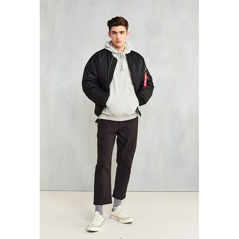 Men's loose fit cotton-padded pilot jacket in Army Green, made from nylon fabric.