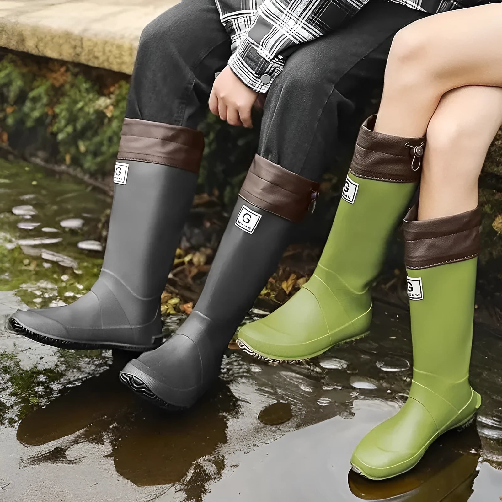 Men's and Women's High Non-slip Wear-resistant Rain Boots in black, with plastic upper and flat heel