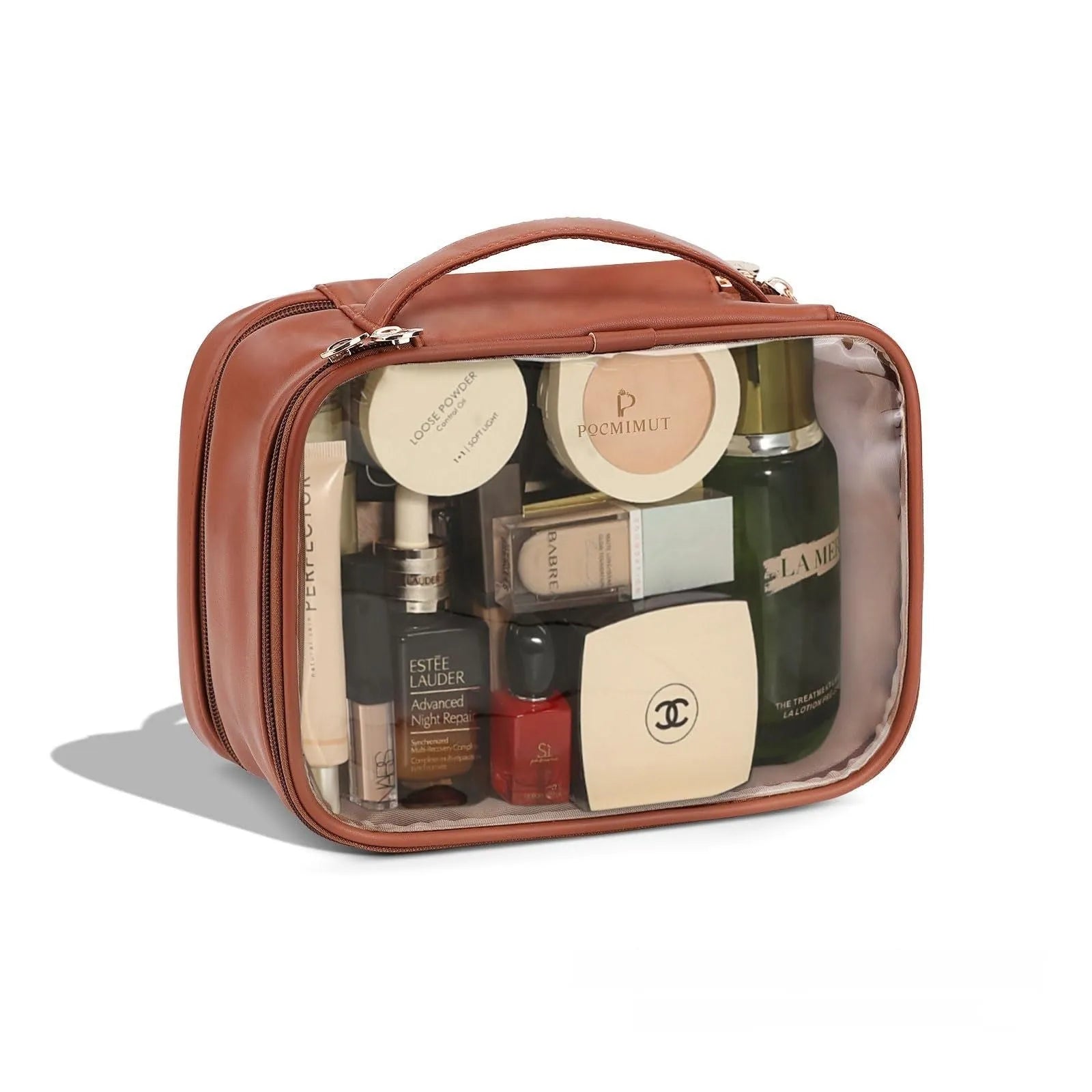 Transparent PVC leather cosmetic bag in Apricot colour with waterproof lining for travel storage.