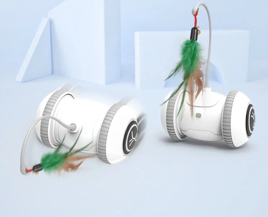 Interactive cat toy with interchangeable heads automatic robotic toy with feather accessory in white and grey ABS plastic