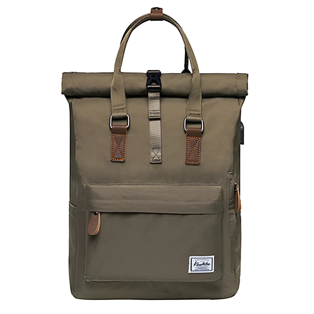 Casual polyester backpack with cover opening showing interior computer compartment and zipper pocket
