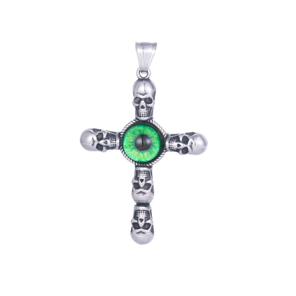 Stainless steel cross skull green eye pendant, geometric U-shaped men's pendant on dark background