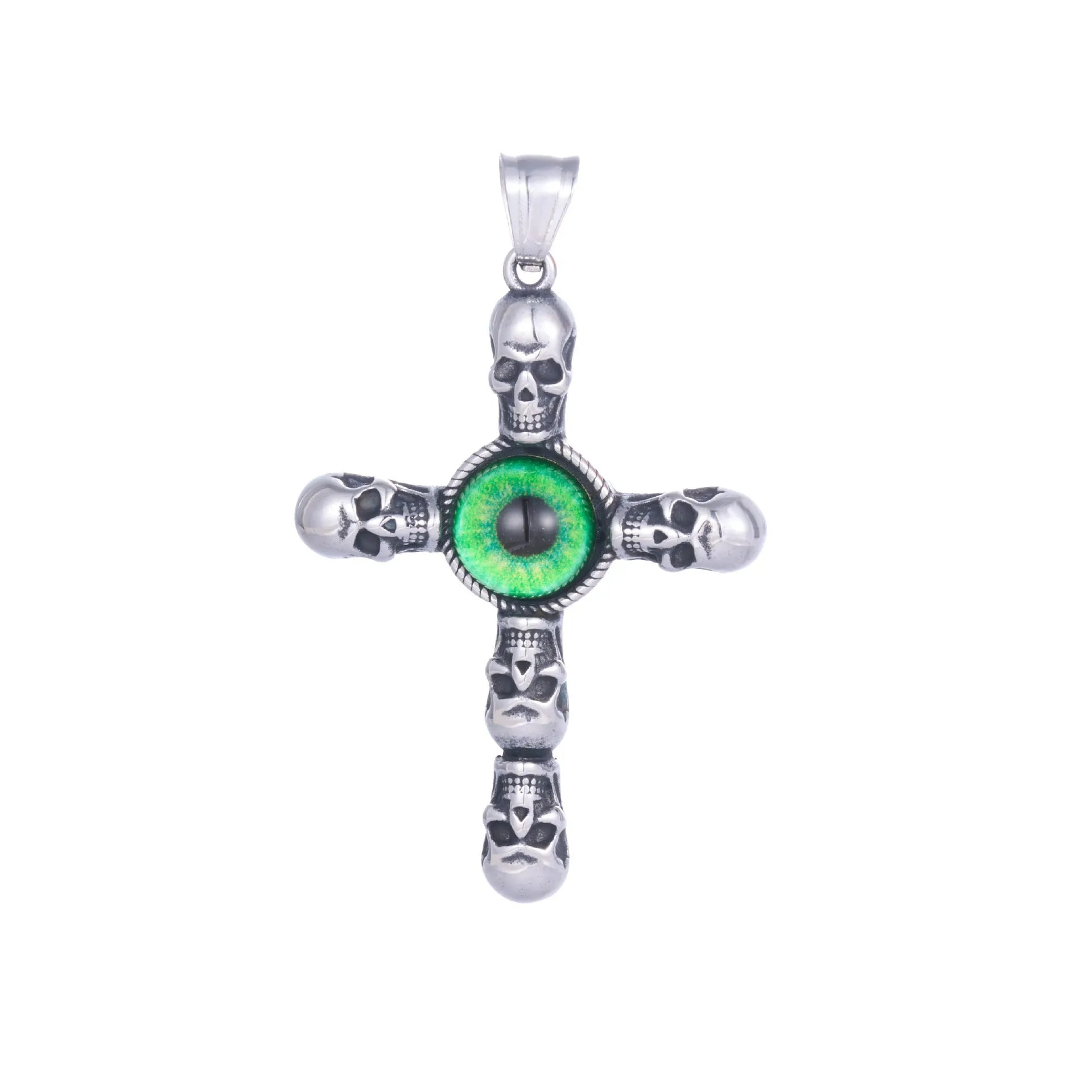 Stainless steel cross skull green eye pendant, geometric U-shaped men's pendant on dark background