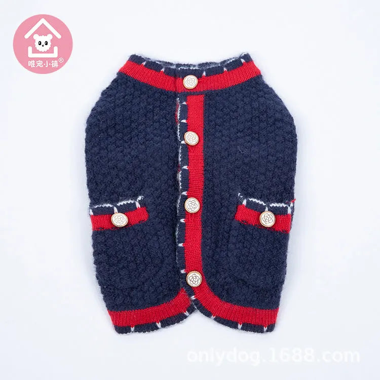 Blue Classic Princess style Wool cardigan sweater for a dog, showing cardigan opening and soft knit.