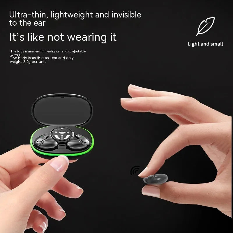 Ultra-thin invisible Bluetooth earphone in black, white, and skin colour with charging compartment