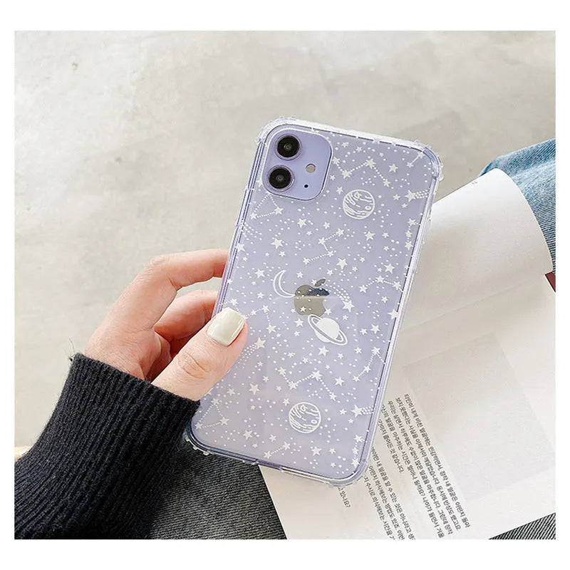 Planet frosted transparent TPU PC back cover phone case for iPhone with painted starry sky design