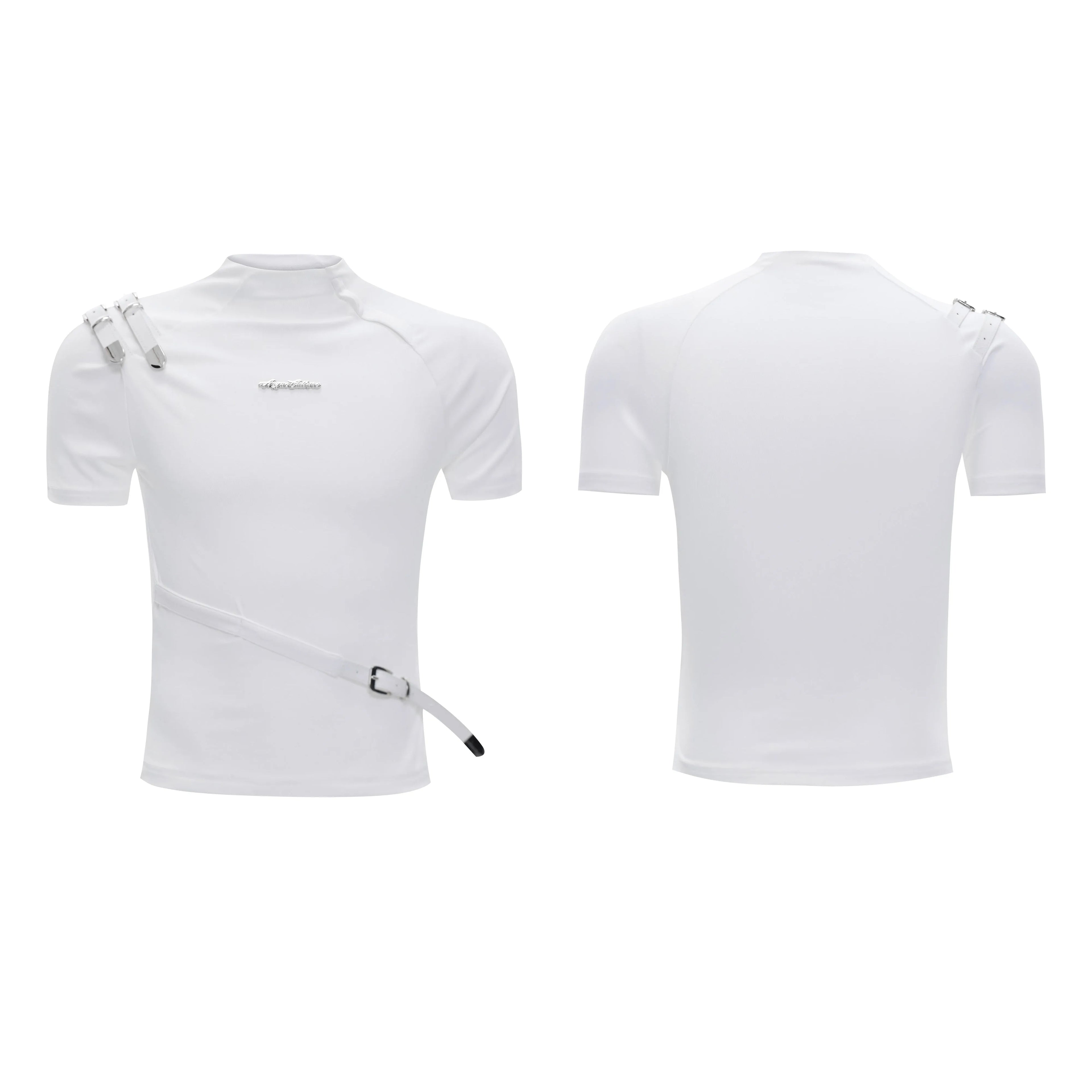 Men's cotton T-shirt with metal belt design and small stand-up collar slim fit short sleeve