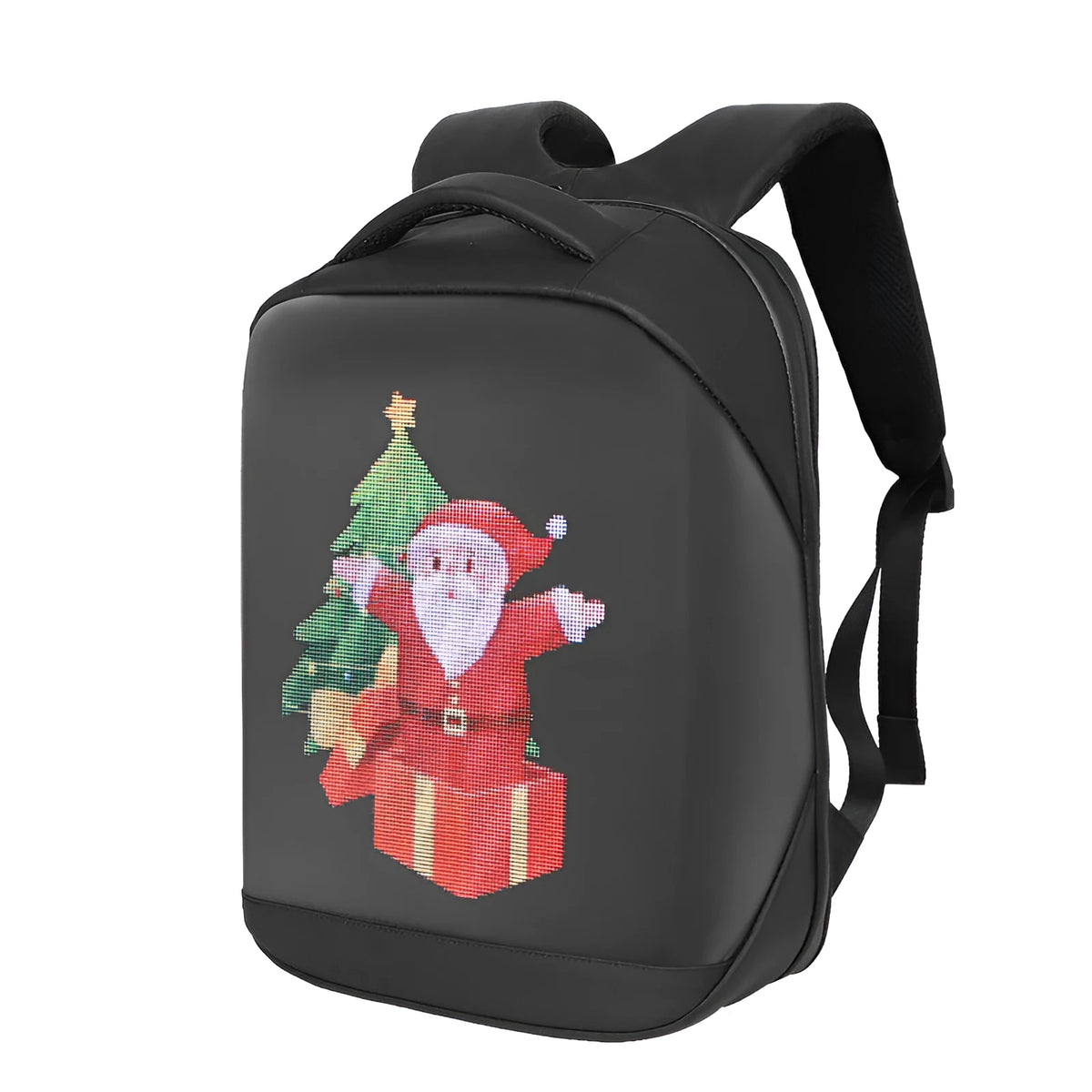 Waterproof LED backpack in black macaron colour, curved shoulder straps, PU material, front display panel, under 20 litre capacity