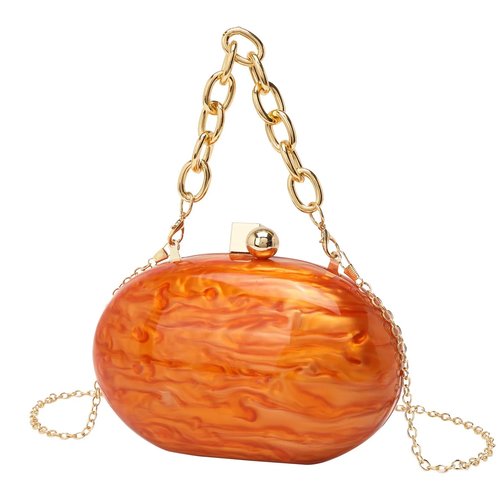Oval acrylic women's clutch bag with detachable chain in pearlescent colour options