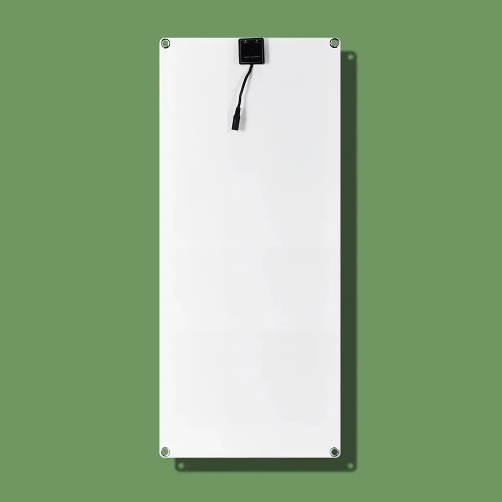 30W semi-flexible solar panel showing its surface and dual output ports for USB and 18V charging.
