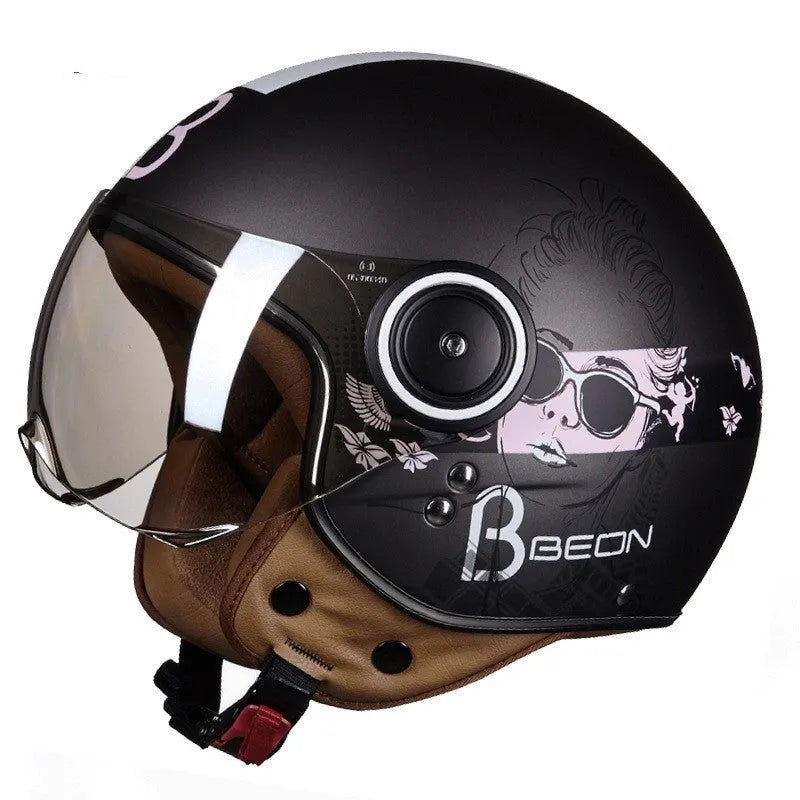 Retro-style half helmet for battery cars in bright blue and red colour combination showing ABS construction