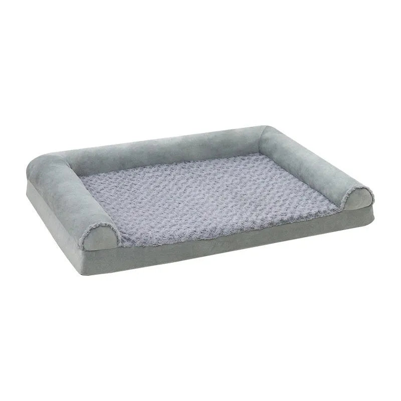 Soft cloth indoor dog kennel in light grey, shown in a large size for a resting dog.