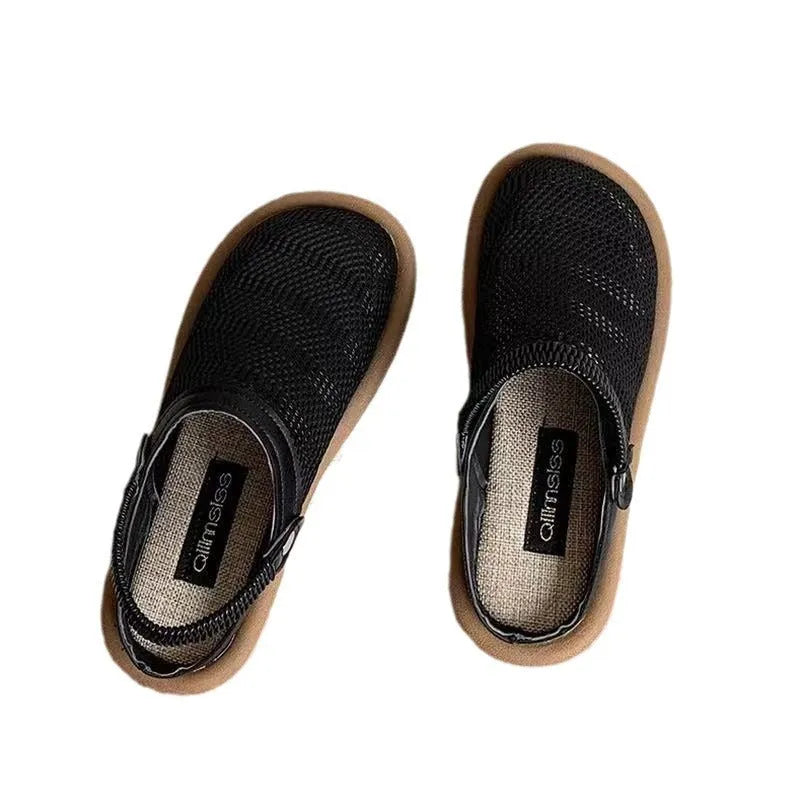 Beige Mori girl style slip-on shoes with a round toe and linen upper on a soft rubber sole.